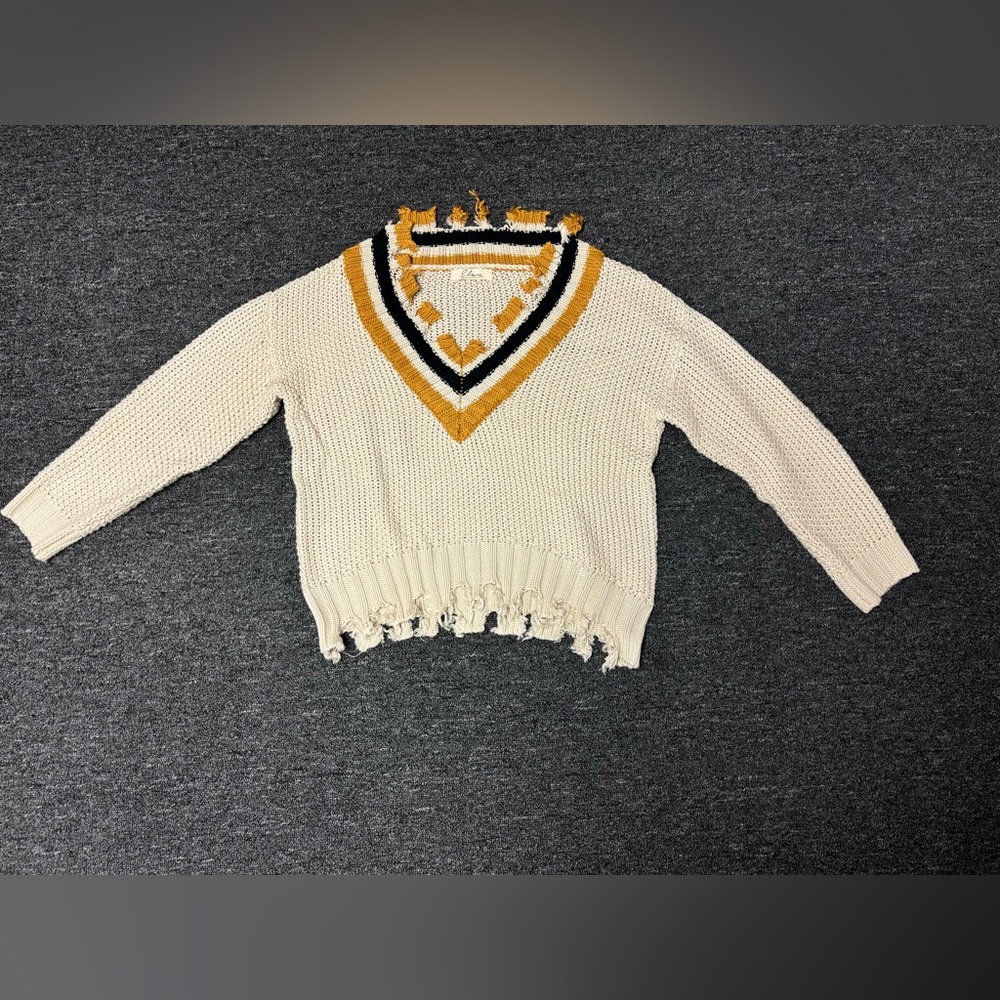 Elan Cream Croquette knit  V-Neck Sweater with Mustard and Navy Trim